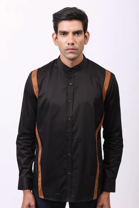 Cosa Nostraa_Black Giza Cotton, Vegan Suede Contrast Striped Shirt _Online_at_Aza_Fashions