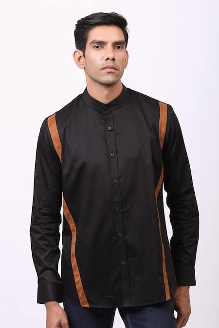 Buy_Cosa Nostraa_Black Giza Cotton, Vegan Suede Contrast Striped Shirt _Online_at_Aza_Fashions