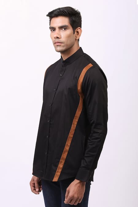 Shop_Cosa Nostraa_Black Giza Cotton, Vegan Suede Contrast Striped Shirt _Online_at_Aza_Fashions