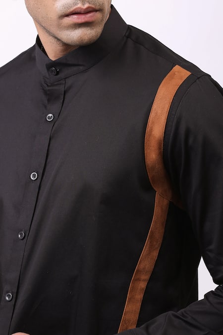 Cosa Nostraa_Black Giza Cotton, Vegan Suede Contrast Striped Shirt _at_Aza_Fashions