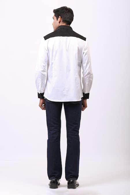 Shop Cosa Nostraa White Giza Cotton, Vegan Suede Panelled Shirt at Aza Fashions Shop_Cosa Nostraa_White Giza Cotton, Vegan Suede Panelled Shirt _at_Aza_Fashions