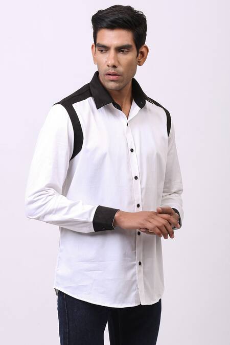 Cosa Nostraa White Giza Cotton, Vegan Suede Panelled Shirt Online at Aza Fashions Cosa Nostraa_White Giza Cotton, Vegan Suede Panelled Shirt _Online_at_Aza_Fashions