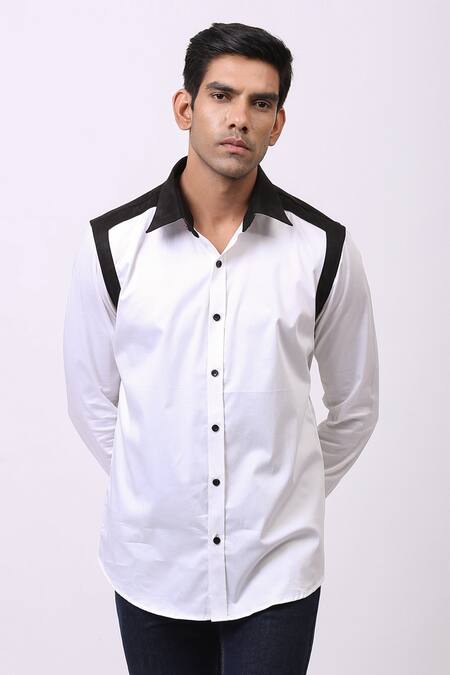 Buy Cosa Nostraa White Giza Cotton, Vegan Suede Panelled Shirt Online at Aza Fashions Buy_Cosa Nostraa_White Giza Cotton, Vegan Suede Panelled Shirt _Online_at_Aza_Fashions