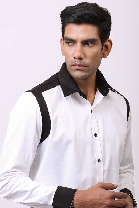 Shop Cosa Nostraa White Giza Cotton, Vegan Suede Panelled Shirt Online at Aza Fashions Shop_Cosa Nostraa_White Giza Cotton, Vegan Suede Panelled Shirt _Online_at_Aza_Fashions