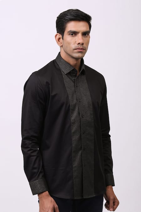Cosa Nostraa_Black Giza Cotton, Premium Glitter Contrast Metallic Panelled Shirt _Online_at_Aza_Fashions