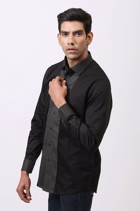 Buy_Cosa Nostraa_Black Giza Cotton, Premium Glitter Contrast Metallic Panelled Shirt _Online_at_Aza_Fashions