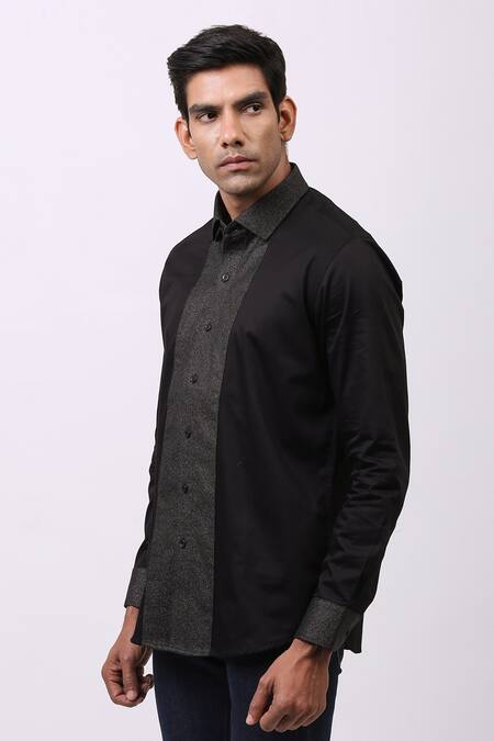 Shop_Cosa Nostraa_Black Giza Cotton, Premium Glitter Contrast Metallic Panelled Shirt _Online_at_Aza_Fashions