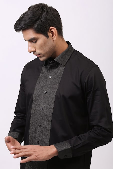 Cosa Nostraa_Black Giza Cotton, Premium Glitter Contrast Metallic Panelled Shirt _at_Aza_Fashions