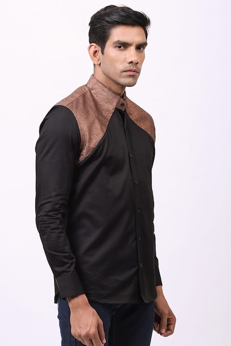 Cosa Nostraa_Black Giza Cotton, Premium Glitter Panelled Shirt _Online_at_Aza_Fashions
