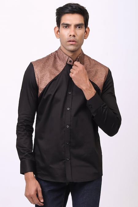 Buy_Cosa Nostraa_Black Giza Cotton, Premium Glitter Panelled Shirt _Online_at_Aza_Fashions
