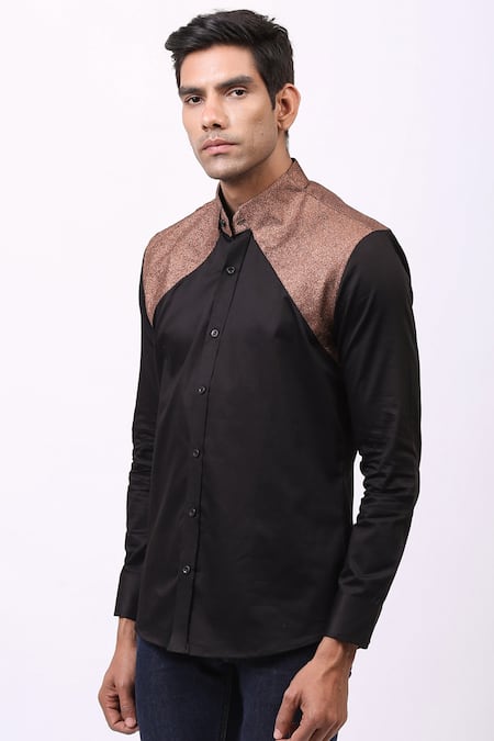 Shop_Cosa Nostraa_Black Giza Cotton, Premium Glitter Panelled Shirt _Online_at_Aza_Fashions
