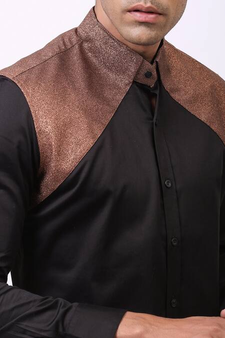 Cosa Nostraa_Black Giza Cotton, Premium Glitter Panelled Shirt _at_Aza_Fashions