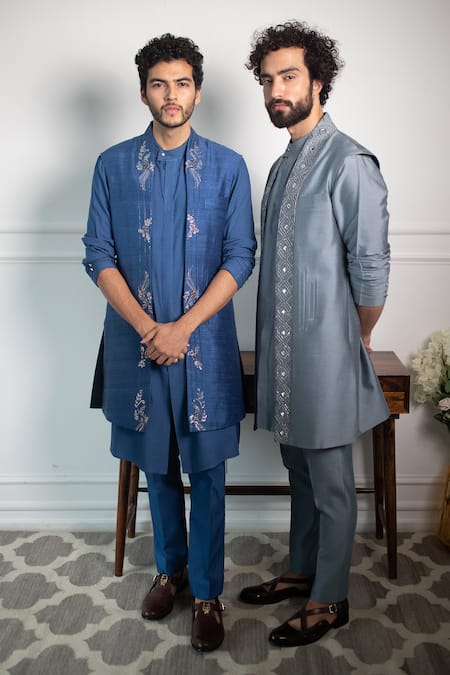 Contrast By Parth_Blue Pure Raw Silk Embroidered Jacket And Kurta Set _Online_at_Aza_Fashions