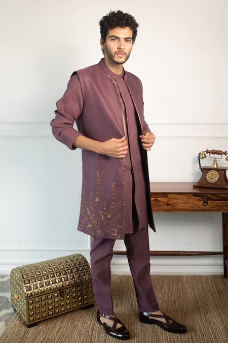 Shop Contrast By Parth Purple Textured Jacquard Jacket And Woven Kurta Set at Aza Fashions Shop_Contrast By Parth_Purple Textured Jacquard Jacket And Woven Kurta Set _at_Aza_Fashions