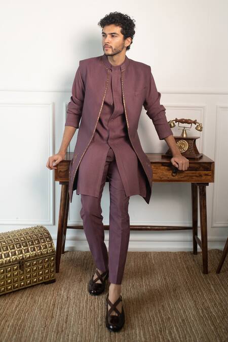 Contrast By Parth Purple Textured Jacquard Jacket And Woven Kurta Set Online at Aza Fashions Contrast By Parth_Purple Textured Jacquard Jacket And Woven Kurta Set _Online_at_Aza_Fashions
