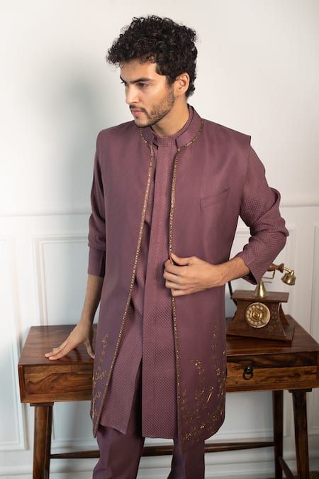 Shop Contrast By Parth Purple Textured Jacquard Jacket And Woven Kurta Set Online at Aza Fashions Shop_Contrast By Parth_Purple Textured Jacquard Jacket And Woven Kurta Set _Online_at_Aza_Fashions