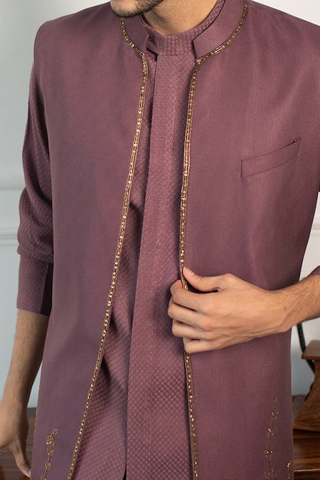 Contrast By Parth Purple Textured Jacquard Jacket And Woven Kurta Set at Aza Fashions Contrast By Parth_Purple Textured Jacquard Jacket And Woven Kurta Set _at_Aza_Fashions