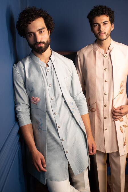 Buy_Contrast By Parth_Blue Pure Silk Jacket And Pant Set _Online_at_Aza_Fashions