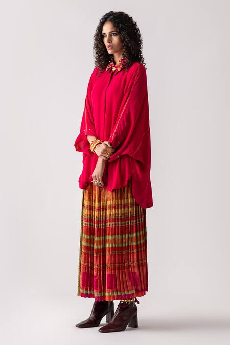 Buy_Aseem Kapoor_Pink Natural Crepe Spread Collar Mandala Flared Trapeze Shirt_Online_at_Aza_Fashions