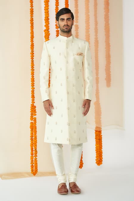 Tisa - Men White Viscose Polyester Embroidered Sherwani Set 