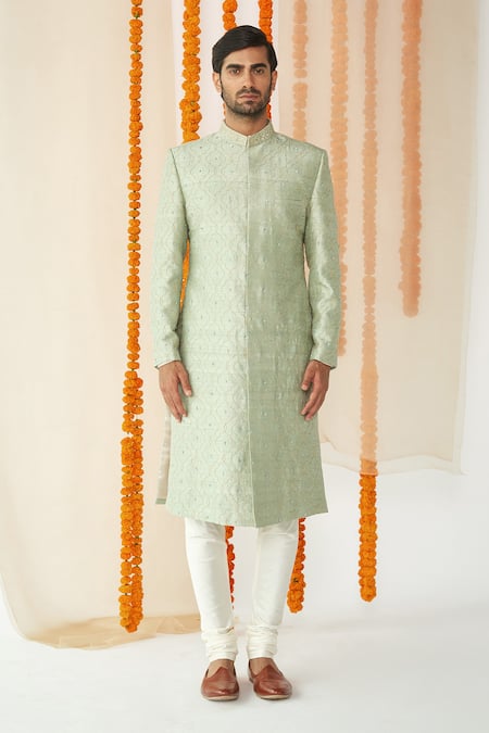 Tisa - Men Green Viscose Polyester Embroidered Sherwani Set 