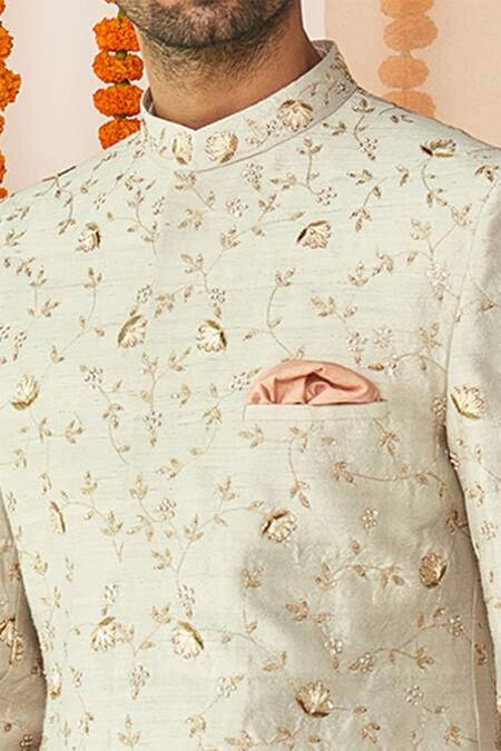 Buy_Tisa - Men_Grey Viscose Polyester Embroidered Sherwani Set_Online_at_Aza_Fashions