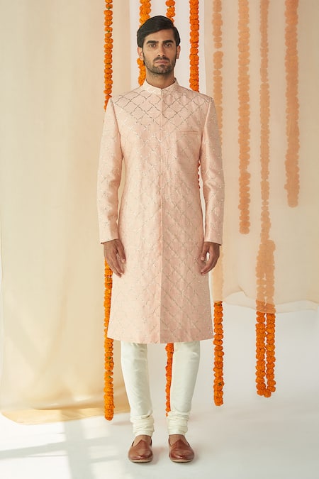 Tisa - Men Pink Viscose Polyester Embroidered Sherwani Set 