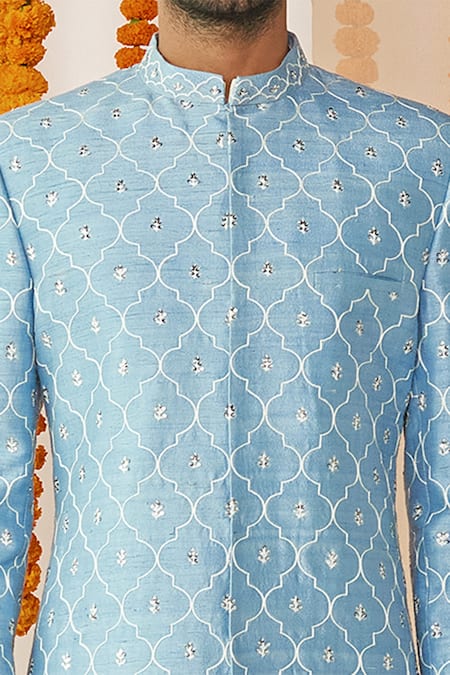 Tisa - Men_Blue Silk, Cotton Silk Lining Viscose Polyester Embroidered Sherwani Set_Online_at_Aza_Fashions
