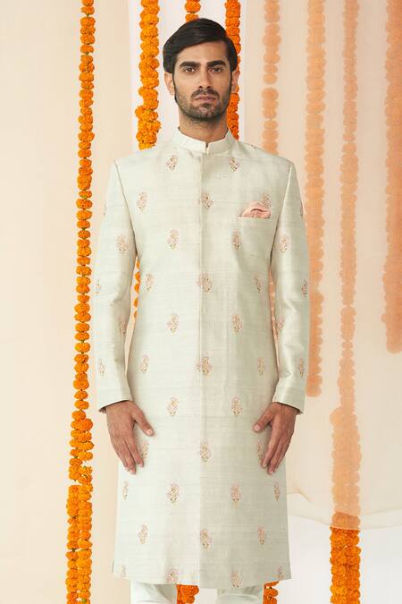 Tisa - Men_Grey Silk, Organic Embroidered Sherwani Set_Online_at_Aza_Fashions