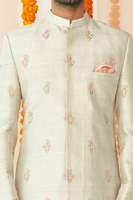 Buy_Tisa - Men_Grey Silk, Organic Embroidered Sherwani Set_Online_at_Aza_Fashions