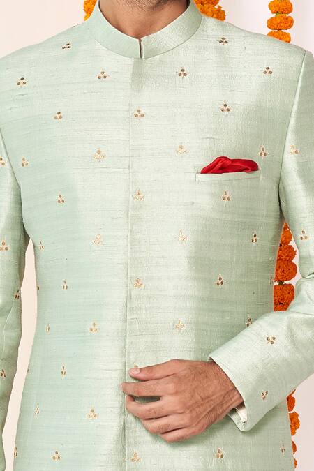 Tisa - Men_Green , Cotton Embroidered Sherwani Set_Online_at_Aza_Fashions