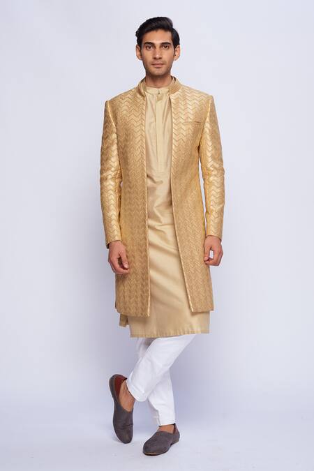 Shop_Tisa - Men_Beige Silk Embroidered Sherwani _at_Aza_Fashions