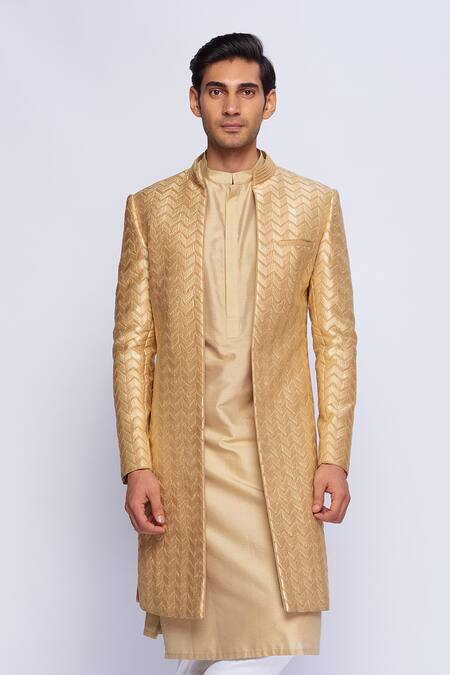 Shop_Tisa - Men_Beige Silk Embroidered Sherwani _Online_at_Aza_Fashions