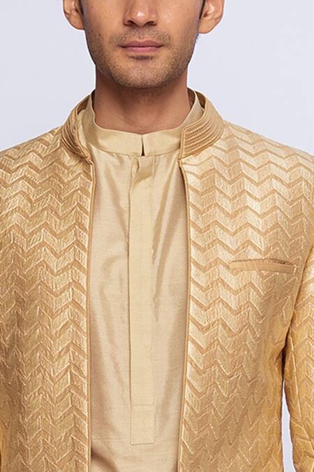 Tisa - Men_Beige Silk Embroidered Sherwani _at_Aza_Fashions