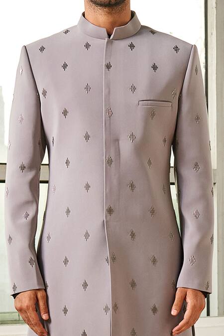 Tisa - Men_White Cotton Lining Viscose , Embroidered Sherwani Set_Online_at_Aza_Fashions