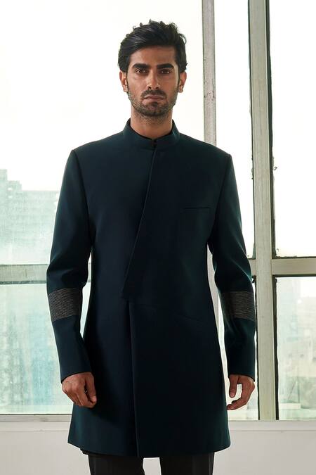 Tisa - Men_Green Cotton, Viscose Polyester Overlap Sherwani Set_Online_at_Aza_Fashions