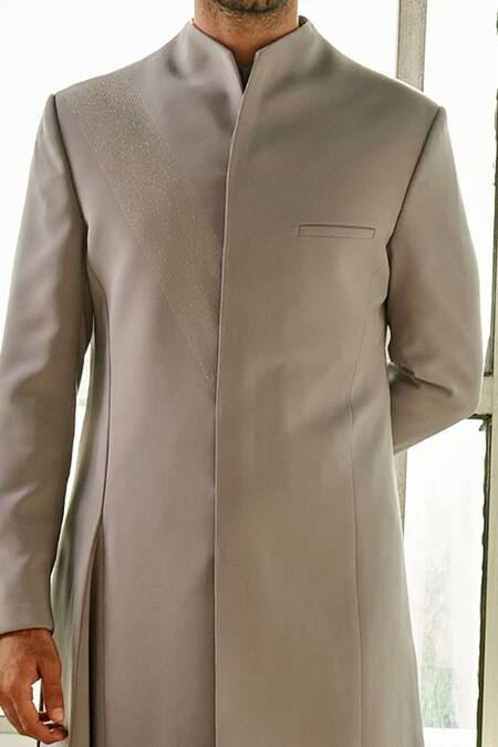 Tisa - Men_Grey Cotton, Viscose Polyester Asymmetric Sherwani Set_Online_at_Aza_Fashions