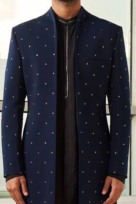 Tisa - Men_Blue Cotton, Viscose Polyester Embroidered Sherwani Set_Online_at_Aza_Fashions