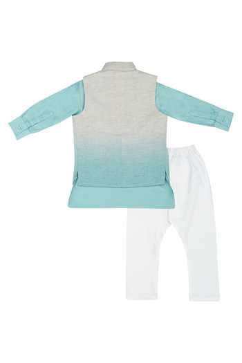 Shop Little Stars Blue Shaded Nehru Jacket And Kurta Set at Aza Fashions Shop_Little Stars_Blue Shaded Nehru Jacket And Kurta Set_at_Aza_Fashions