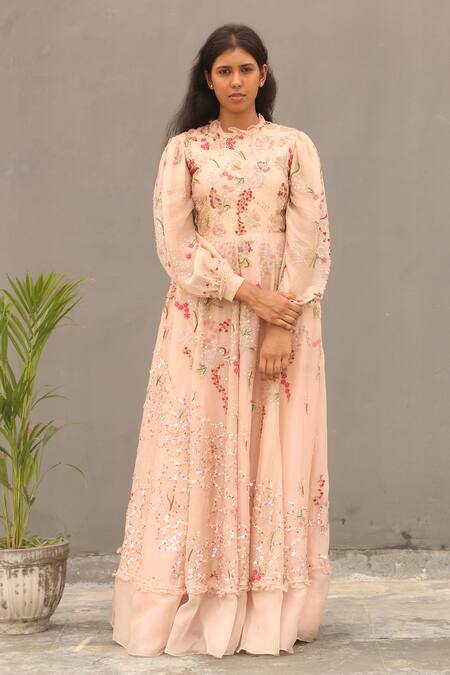SHASHA GABA_Peach Silk Organza Round Hand Embroidered Gown_Online_at_Aza_Fashions
