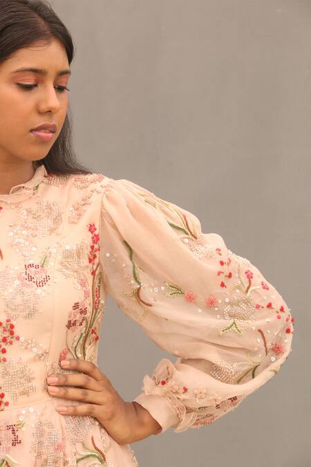 Buy_SHASHA GABA_Peach Silk Organza Round Hand Embroidered Gown_Online_at_Aza_Fashions
