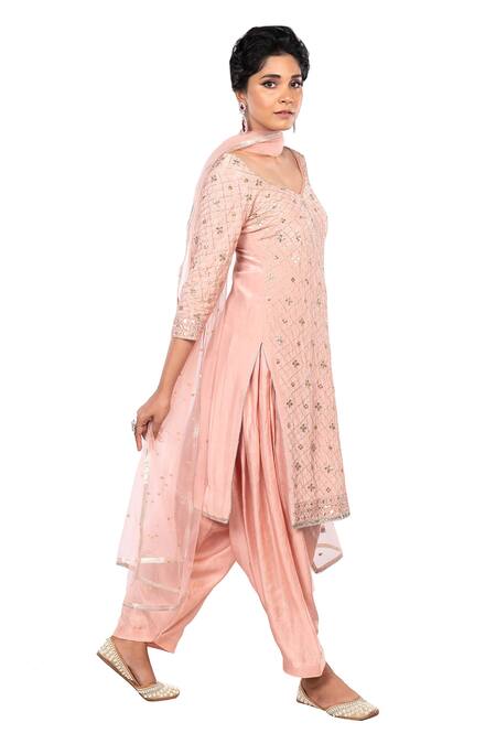 Debarun_Pink Crepe Embroidery Gota Leaf Neck Kurta Patiala Set  _Online_at_Aza_Fashions