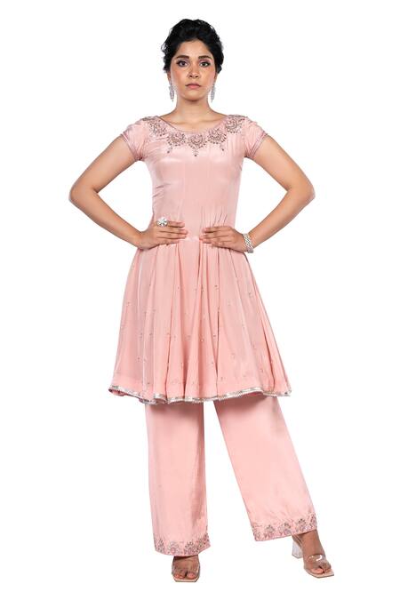 Debarun_Pink Crepe And Net Embroidery Gota Round Kurta & Pant Set  _Online_at_Aza_Fashions