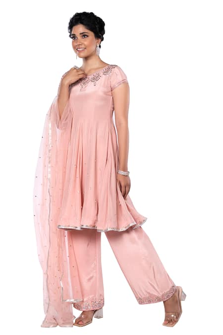 Buy_Debarun_Pink Crepe And Net Embroidery Gota Round Kurta & Pant Set  _Online_at_Aza_Fashions