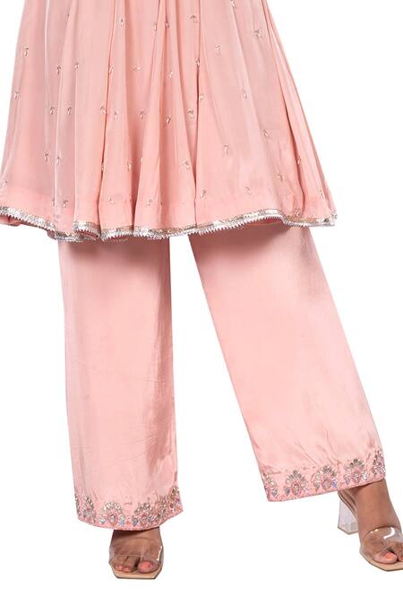 Debarun_Pink Crepe And Net Embroidery Gota Round Kurta & Pant Set  _at_Aza_Fashions