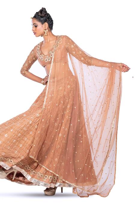 Debarun_Brown Silk Chanderi And Net Embroidery Gota & Cutdana V Neck Lehenga Set _Online_at_Aza_Fashions