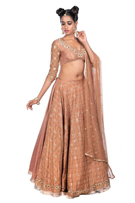 Buy_Debarun_Brown Silk Chanderi And Net Embroidery Gota & Cutdana V Neck Lehenga Set _Online_at_Aza_Fashions