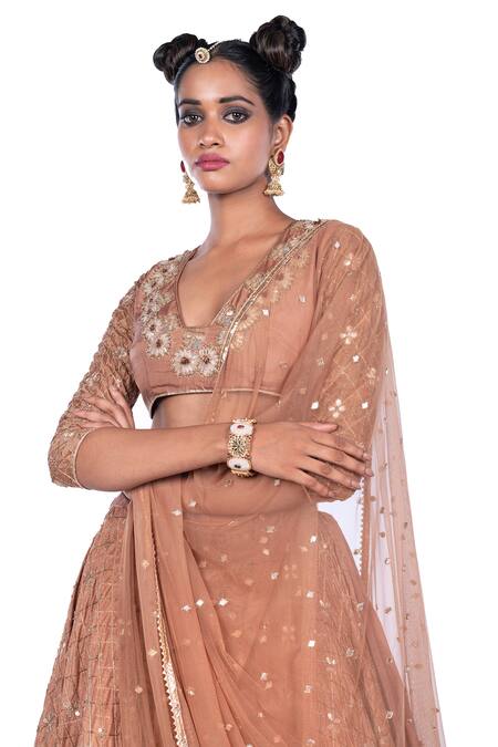 Shop_Debarun_Brown Silk Chanderi And Net Embroidery Gota & Cutdana V Neck Lehenga Set _Online_at_Aza_Fashions