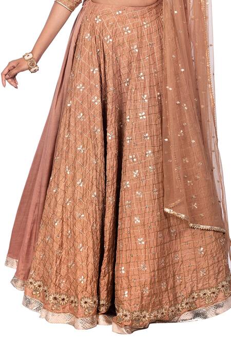 Debarun_Brown Silk Chanderi And Net Embroidery Gota & Cutdana V Neck Lehenga Set _at_Aza_Fashions