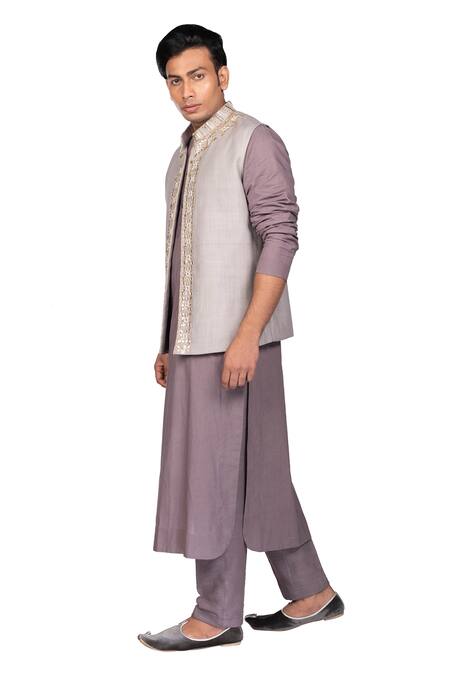 Buy_Debarun_Grey Cotton Tussar Embroidered Floral Bundi And Kurta Set  _Online_at_Aza_Fashions